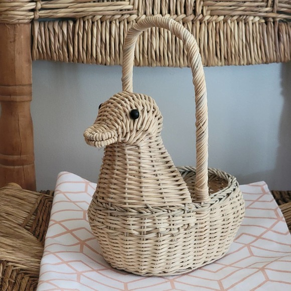 no Other - VINTAGE Wood Wicker Duck Basket Bleached Wicker and Gray